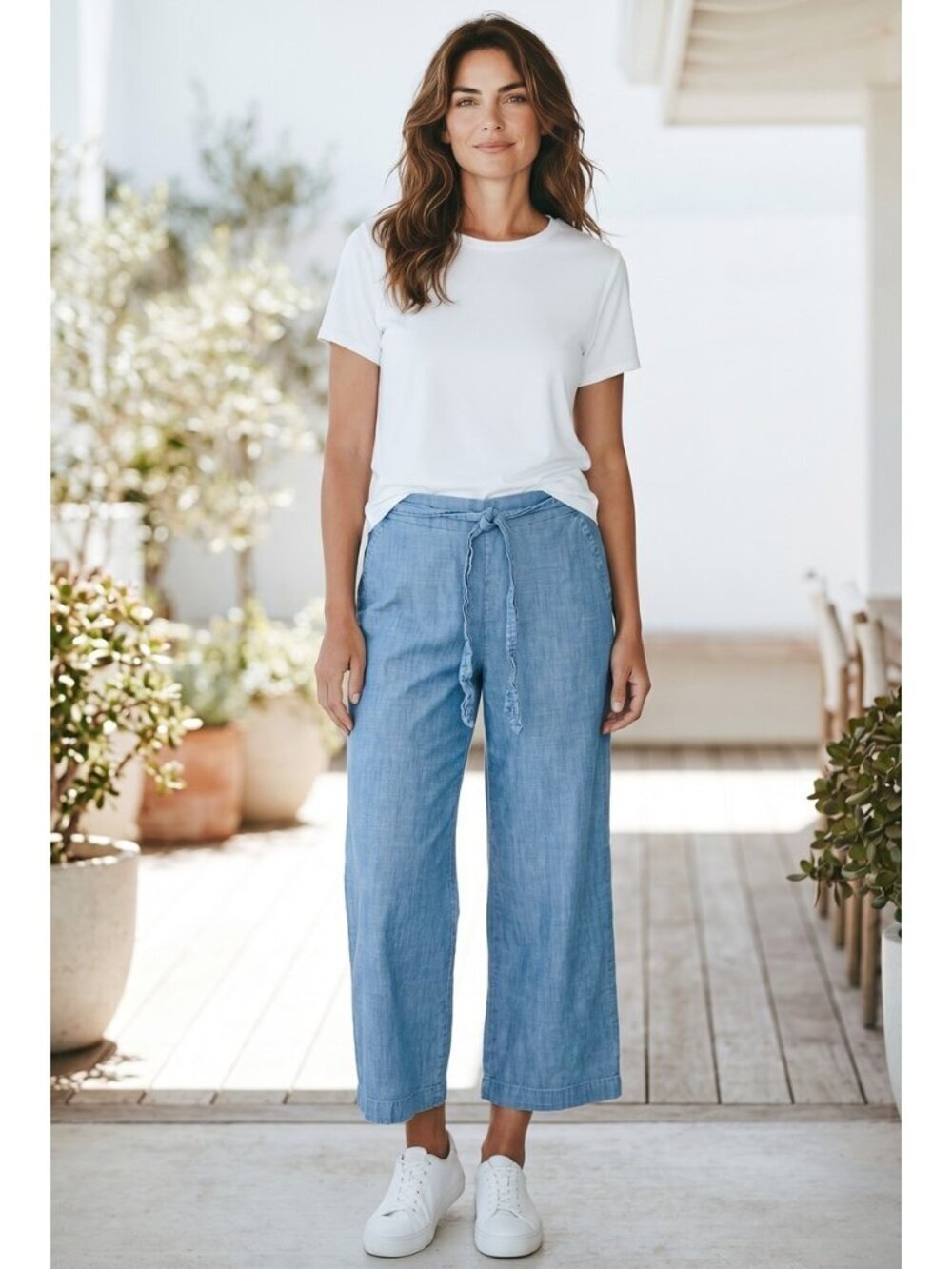 J Crew Pants Womens 12 Blue Chambray Crop Wide Leg Tie Summer Casual Nautical